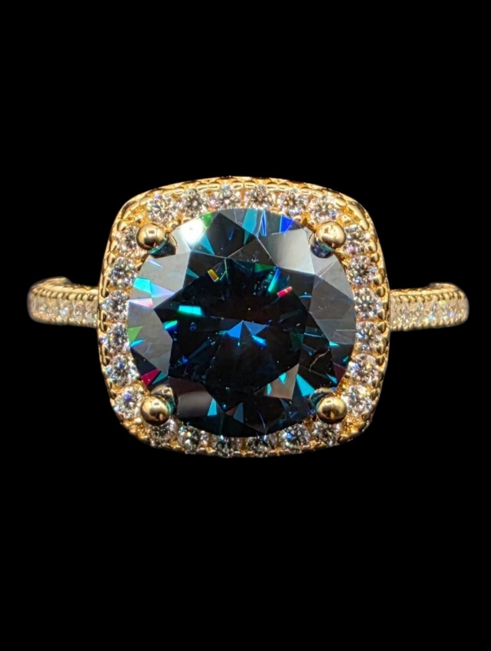 5.35 CTW Blue Moissanite Halo Ring 925 Sterling Silver / 14K Gold Overlay